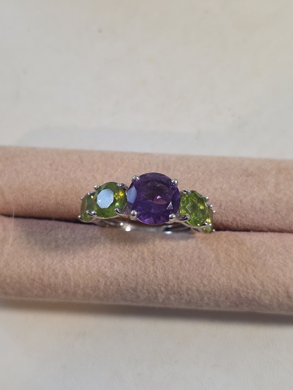 8.5 Three-Stone Amethyst and Peridot Sterling Silver Ring - Purple & Green
